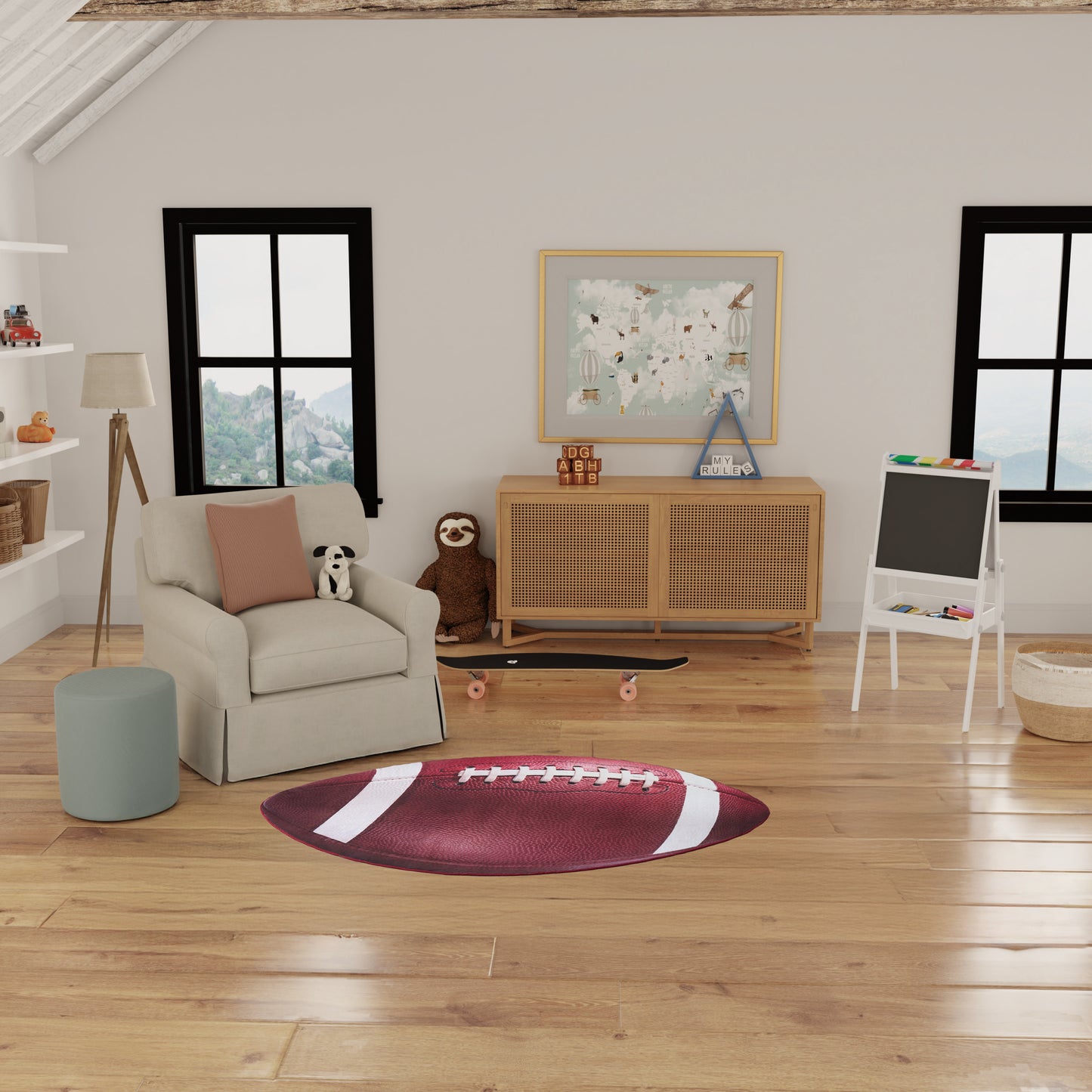 Cozy kids' playroom with beige armchair, panda plush, football-shaped rug, wooden cabinet, map art, easel, skateboard.
