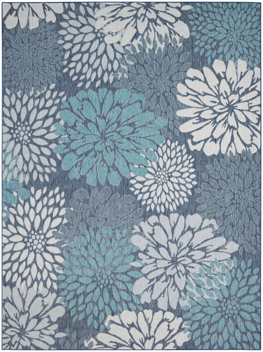 Decorative rug featuring large teal, white and light blue chrysanthemum florals on a muted blue-gray background.