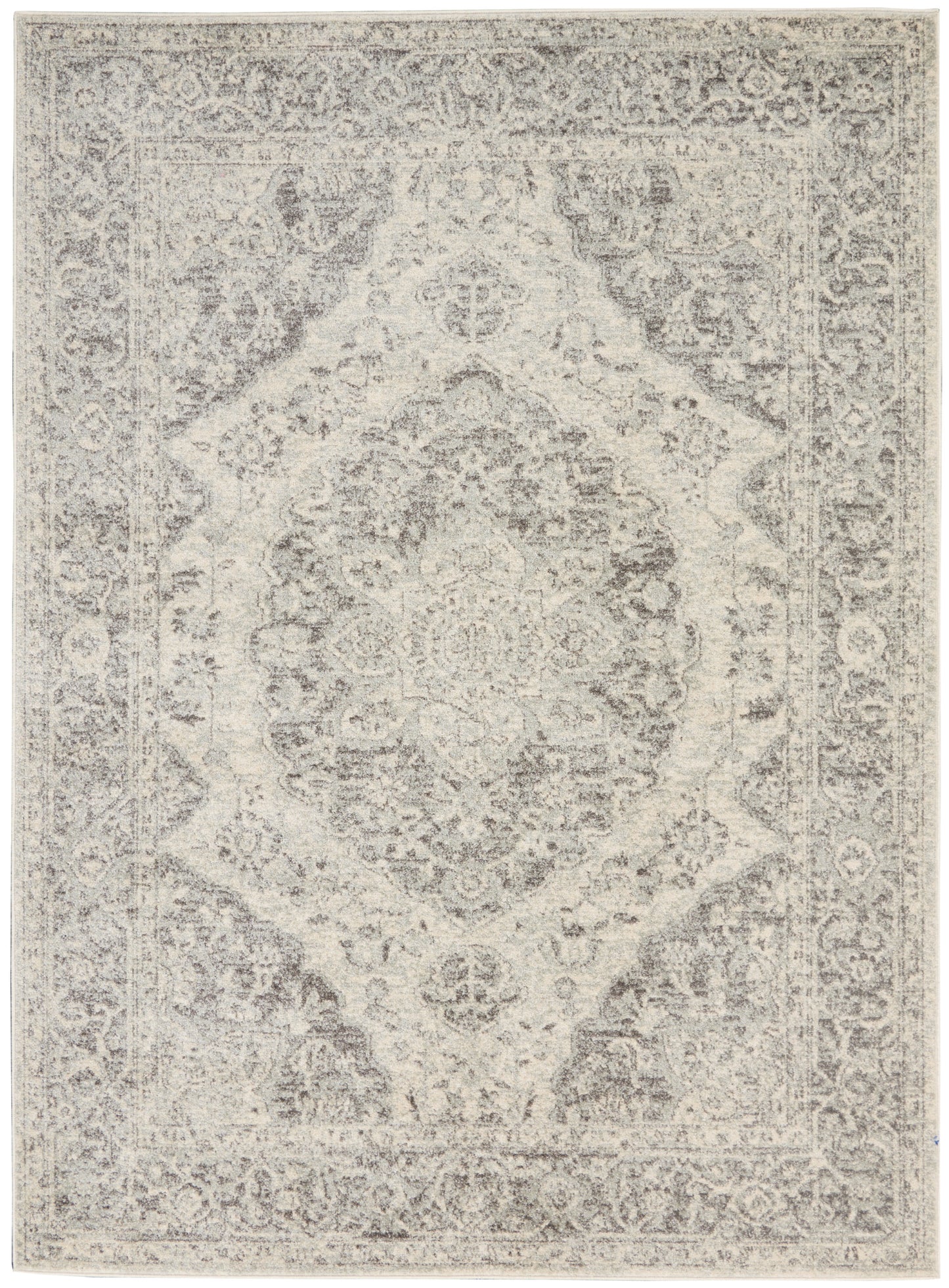 Neutral-toned oriental rug featuring a vintage central medallion and ornate border in gray-beige hues.
