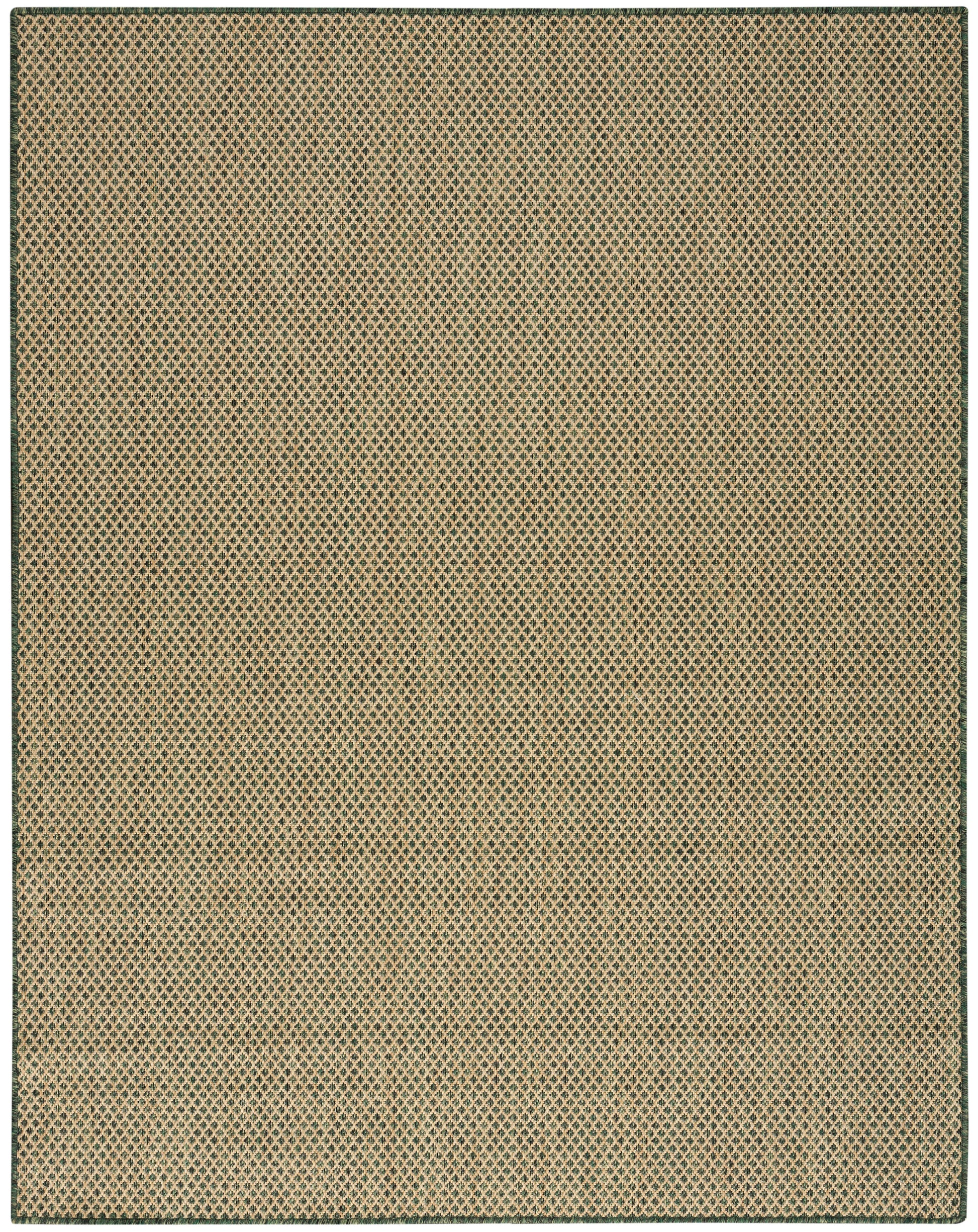 Beige diamond lattice area rug with dark green border; woven textured flat-weave in neutral tones.