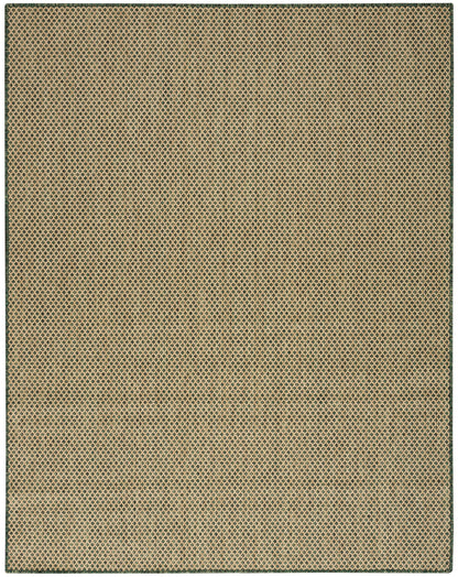Beige diamond lattice area rug with dark green border; woven textured flat-weave in neutral tones.