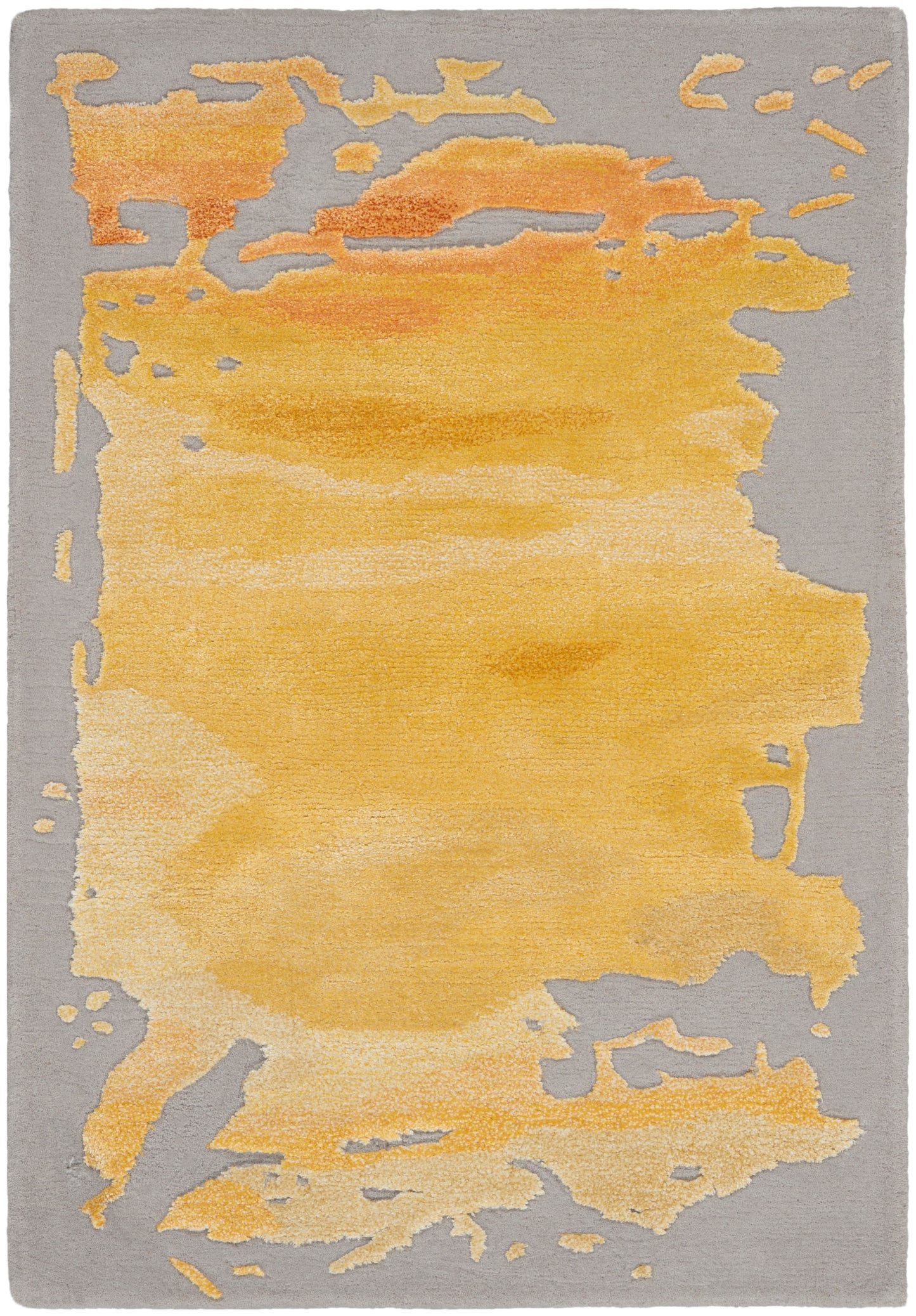 Abstract sunburst area rug in warm yellows and oranges with a soft grey border; plush, modern style.