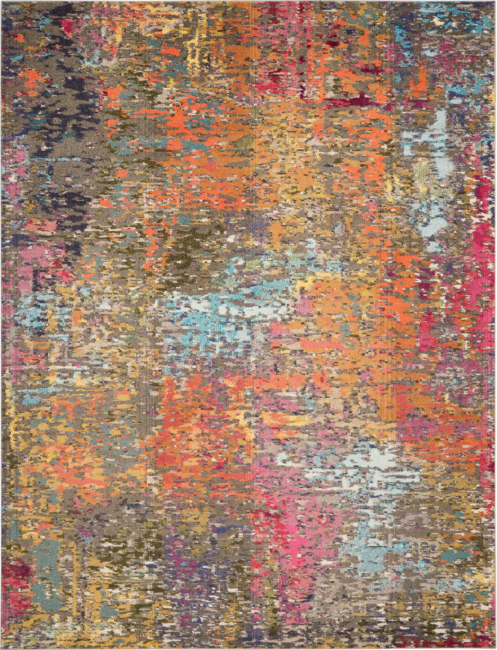 Abstract multicolor area rug with orange, pink, teal, yellow and gray in a distressed modern pattern.