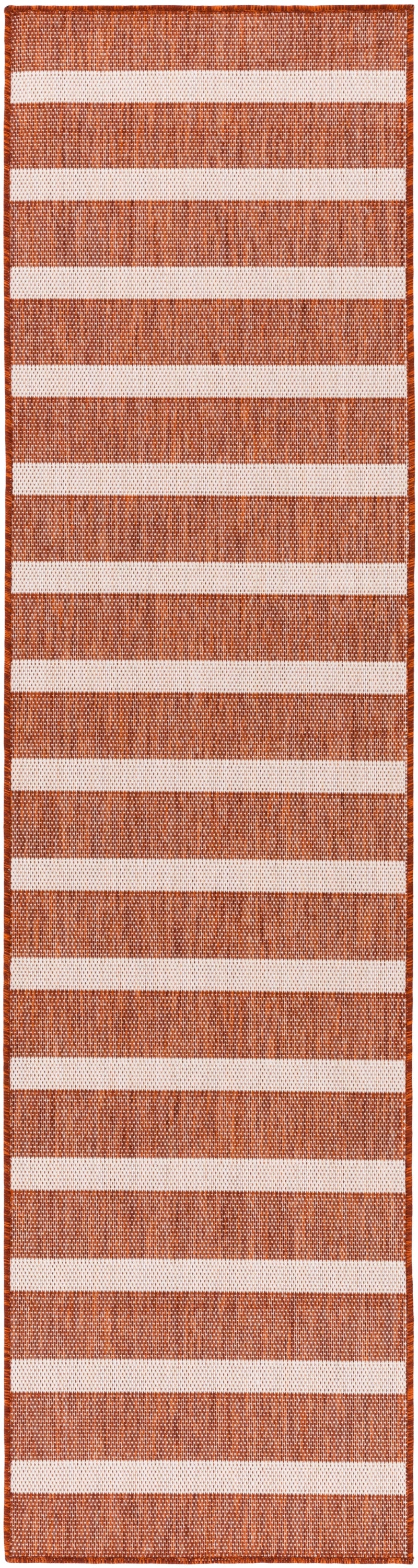 Long woven hallway runner rug, 10' long, orange-brown and cream stripes, natural jute texture, orange border.