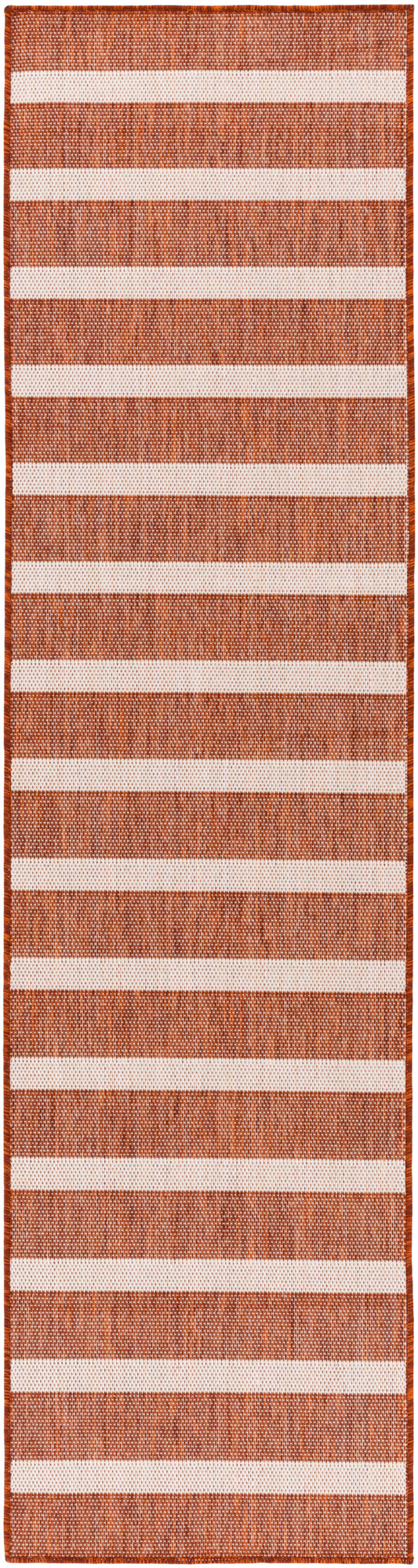 Long woven hallway runner rug, 10' long, orange-brown and cream stripes, natural jute texture, orange border.