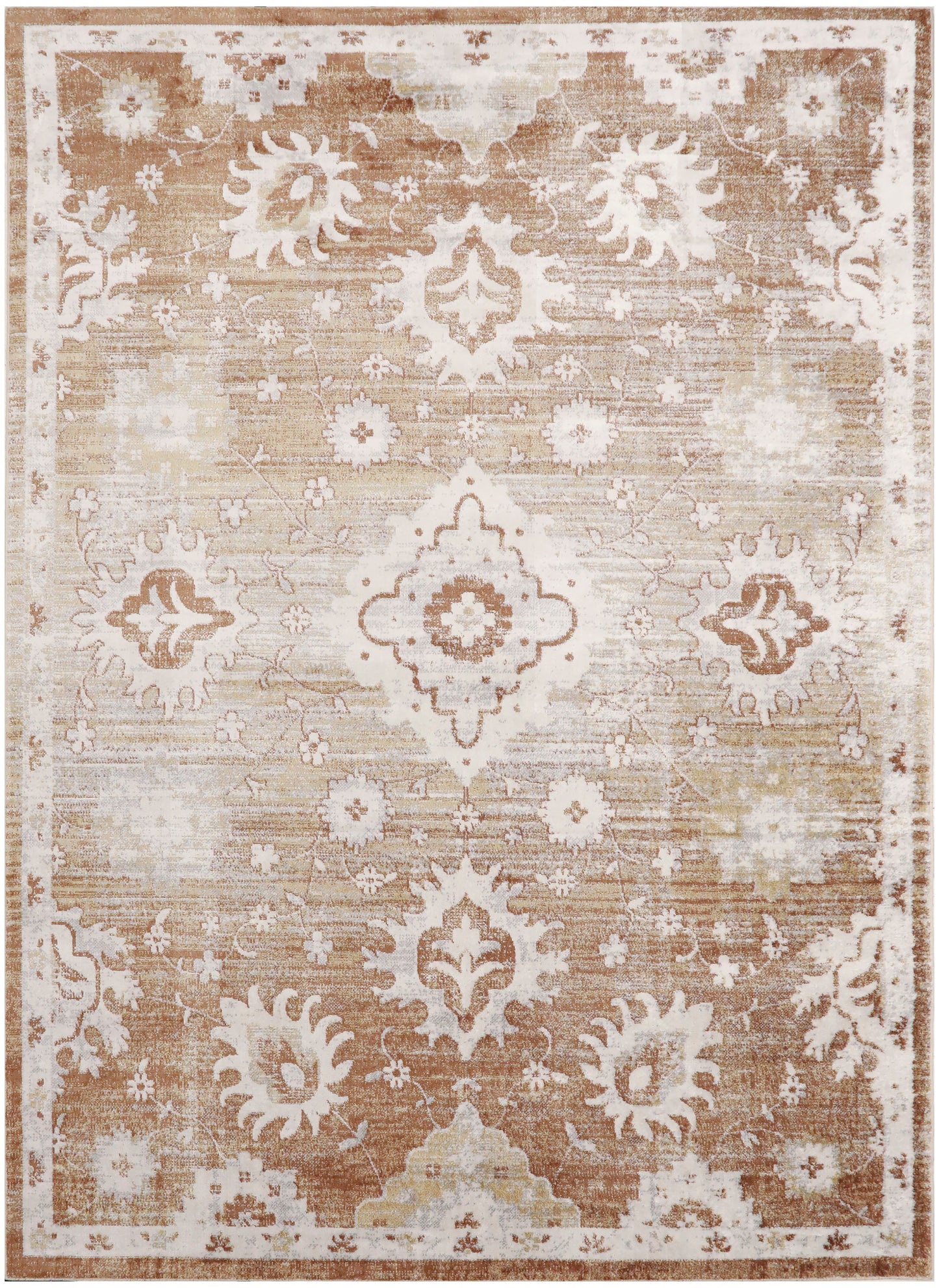 Rectangular area rug in tan-to-beige gradient with white traditional medallion, floral motifs, and ornate border.