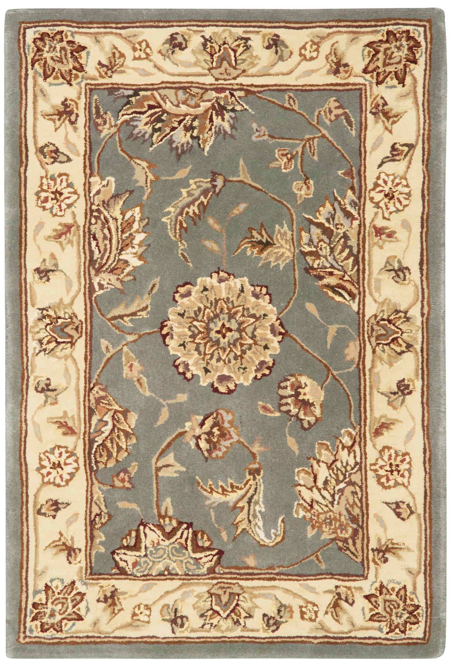 Traditional oriental rug with a blue field featuring a central floral motif and ivory border with burgundy accents.