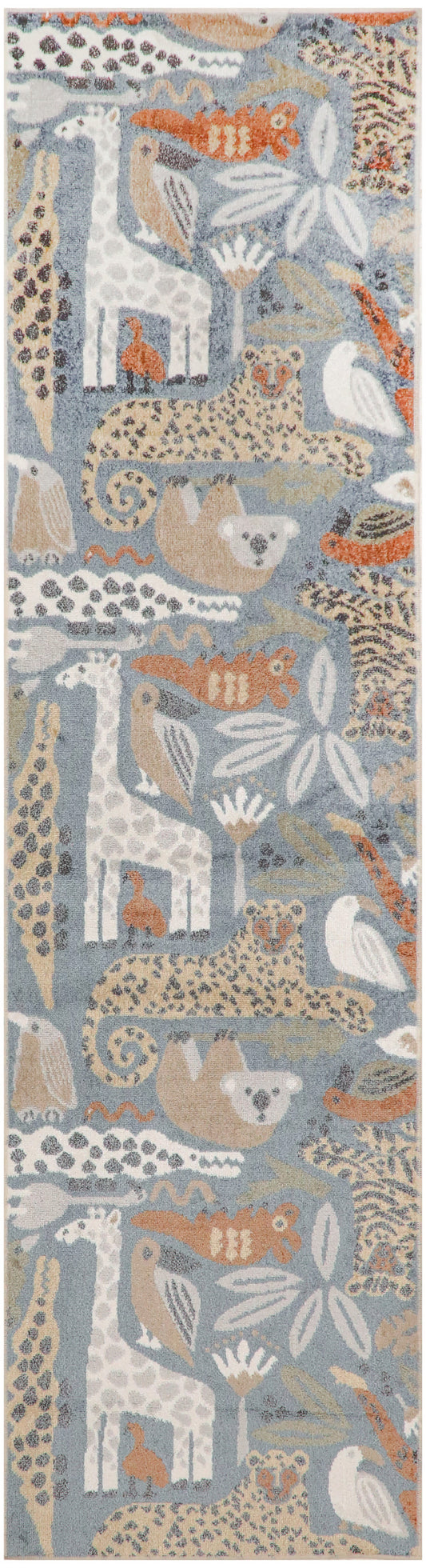 Pastel blue rug runner with a repeating safari motif and large white flowers; tan, cream & orange accents.