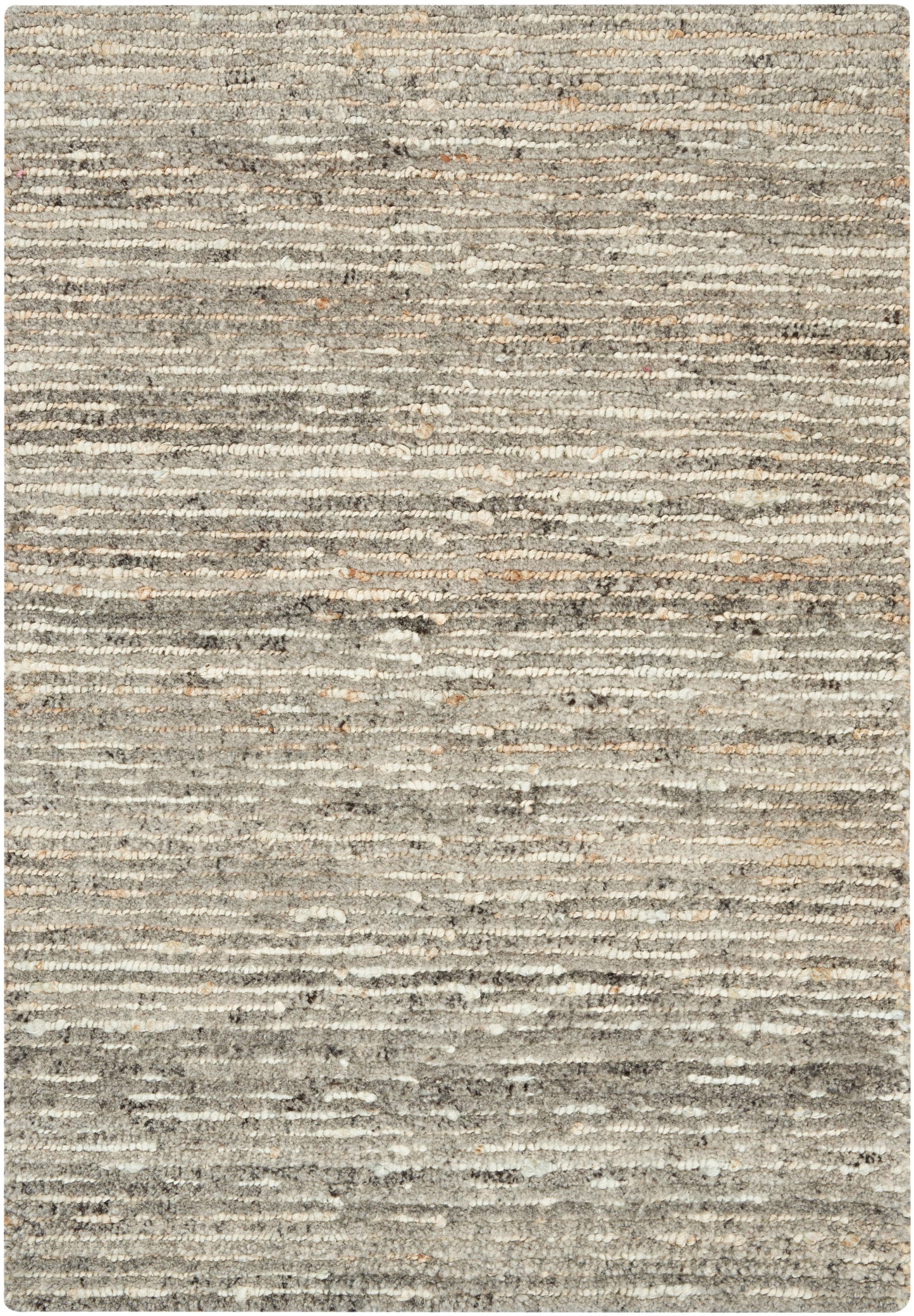Neutral gray-beige textured area rug with subtle horizontal stripes; soft loop pile, rectangular, modern coastal style.
