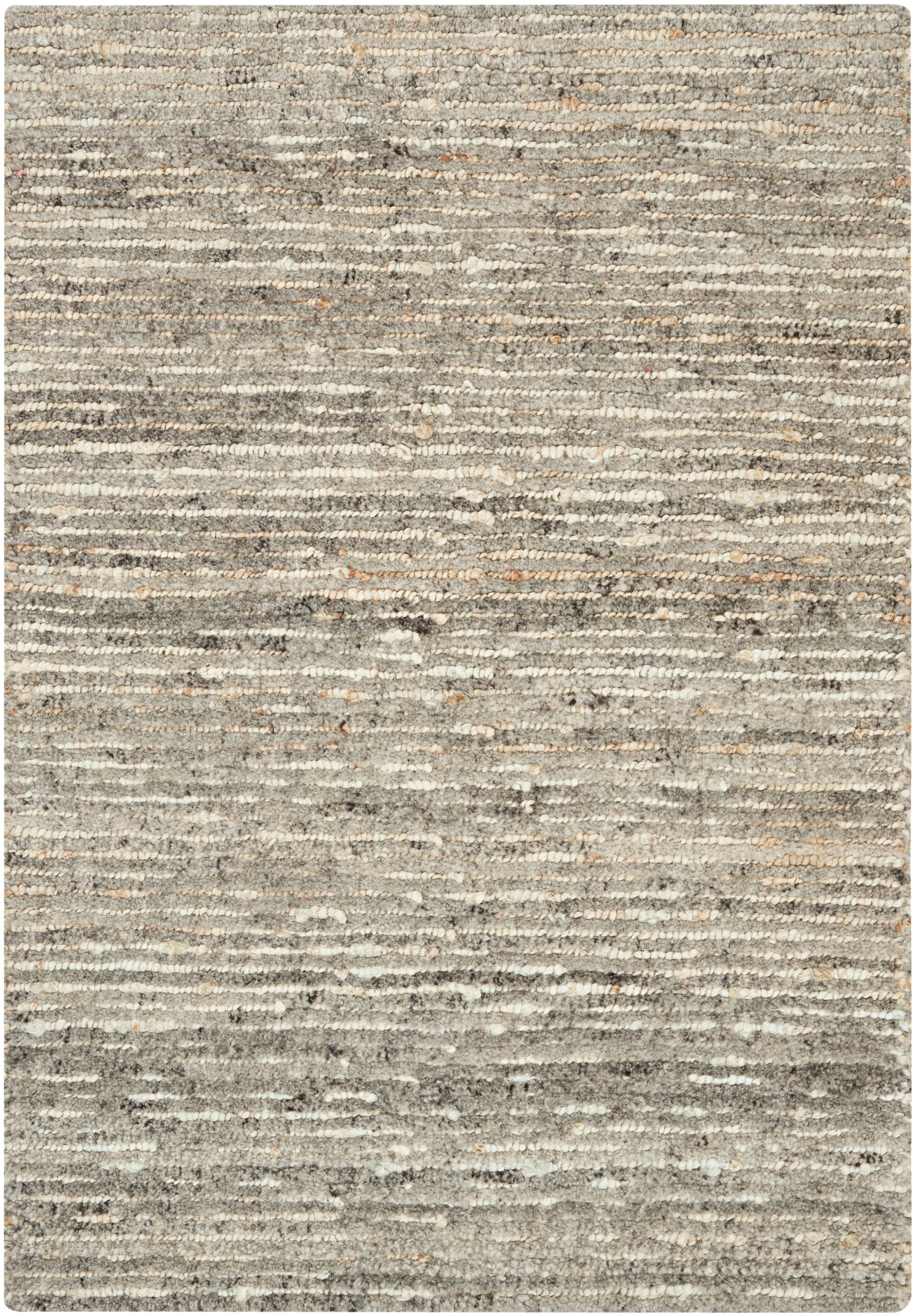 Neutral gray-beige textured area rug with subtle horizontal stripes; soft loop pile, rectangular, modern coastal style.