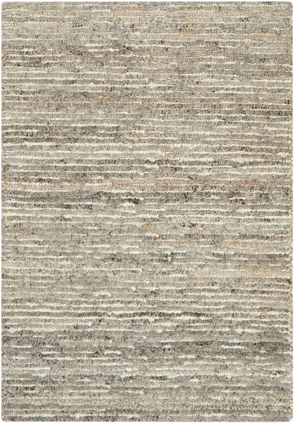 Neutral gray-beige textured area rug with subtle horizontal stripes; soft loop pile, rectangular, modern coastal style.