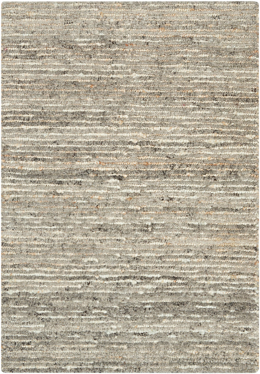 Neutral gray-beige textured area rug with subtle horizontal stripes; soft loop pile, rectangular, modern coastal style.