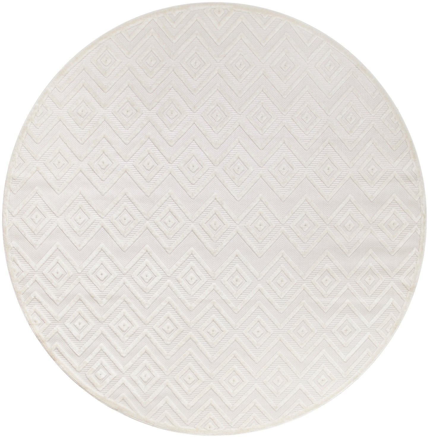 Round cream rug with a textured diamond geometric pattern; neutral, soft surface for living rooms.