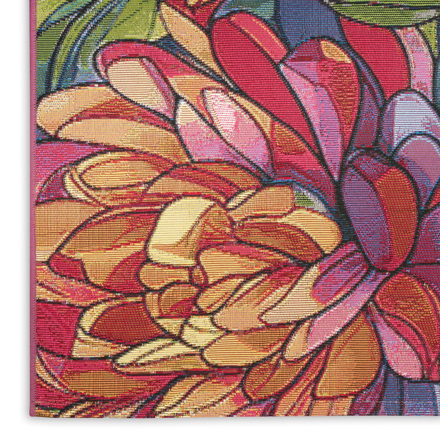 Vibrant floral canvas print with layered petals in pink, yellow, orange and purple; tapestry texture for wall decor.