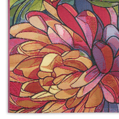 Vibrant floral canvas print with layered petals in pink, yellow, orange and purple; tapestry texture for wall decor.