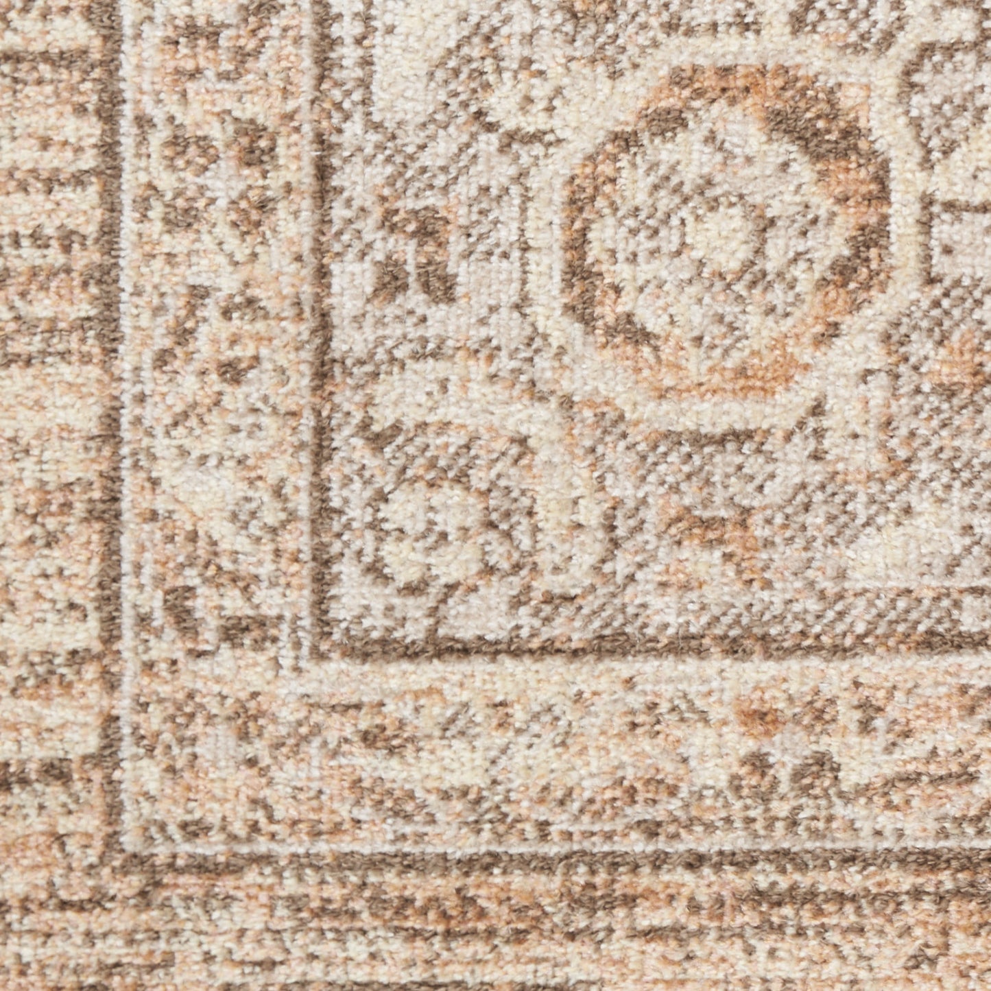 Beige-tan ornate rug close-up with floral medallions and textured pile.