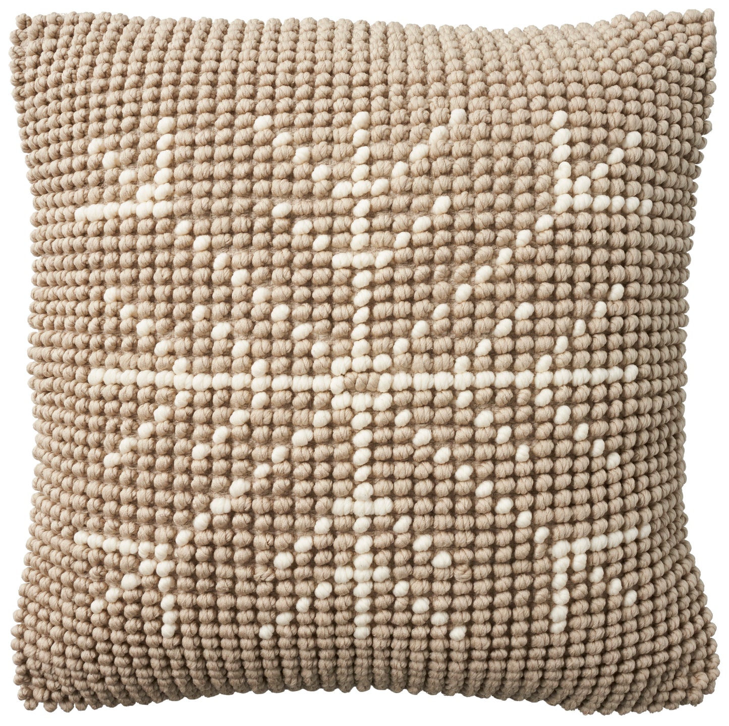 Beige boucle textured throw pillow with white geometric diamond pattern; square cushion for sofa or bed.