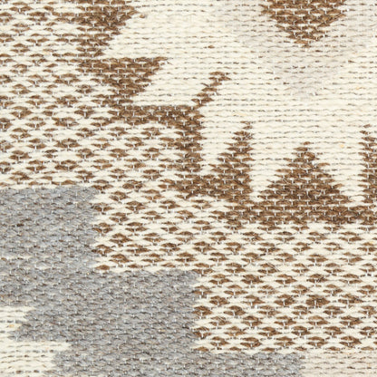 Beige and brown geometric woven rug with gray block accents; textured triangle motif floor covering.