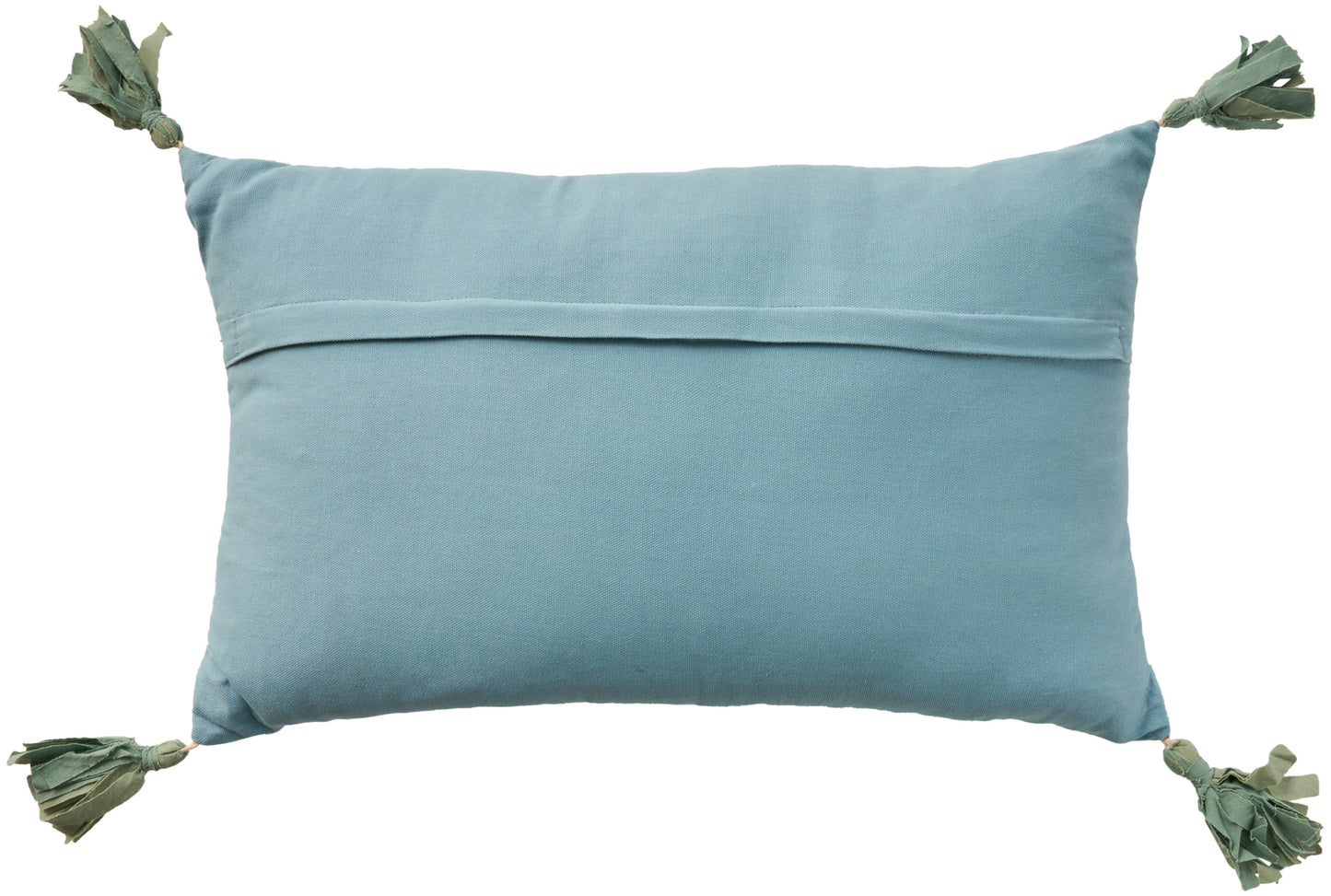 Soft blue rectangular throw pillow in cotton fabric with tasseled corners and slim front seam.
