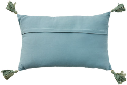 Soft blue rectangular throw pillow in cotton fabric with tasseled corners and slim front seam.
