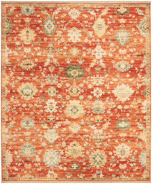 Rectangular orange oriental area rug with cream, teal, green & blue floral medallion motifs and a bordered edge.