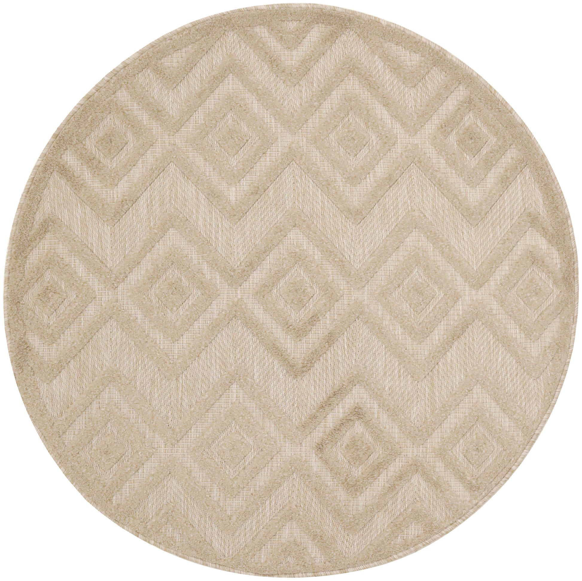 Round beige rug featuring a geometric diamond and chevron pattern with a textured woven surface.