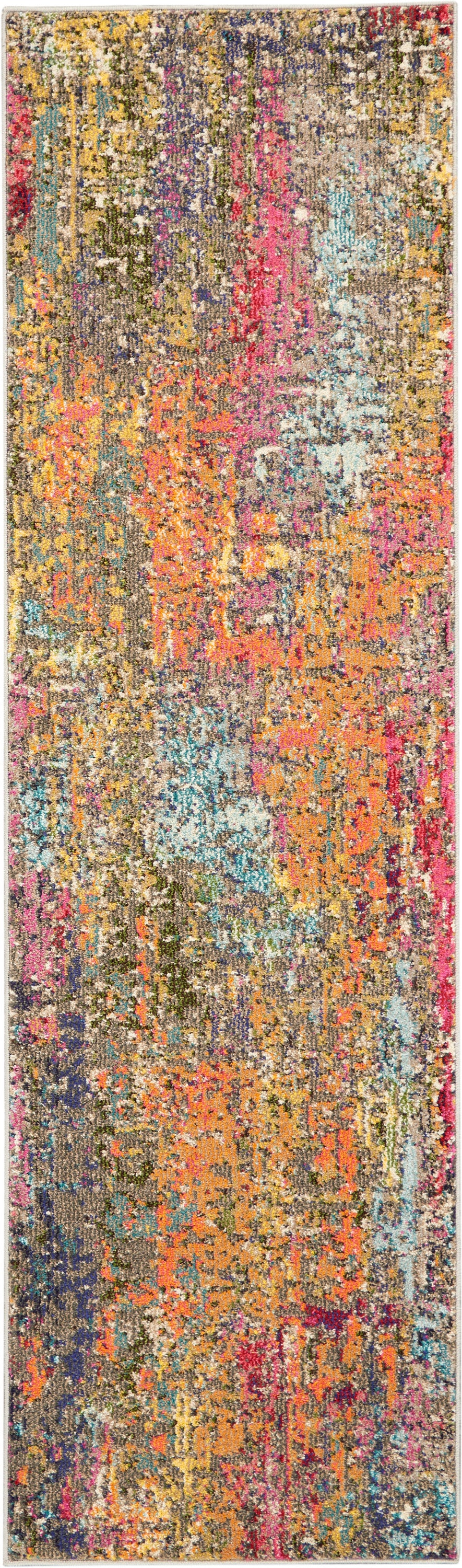 Colorful abstract runner rug with gold, pink, teal, orange & gray tones in a distressed modern pattern.