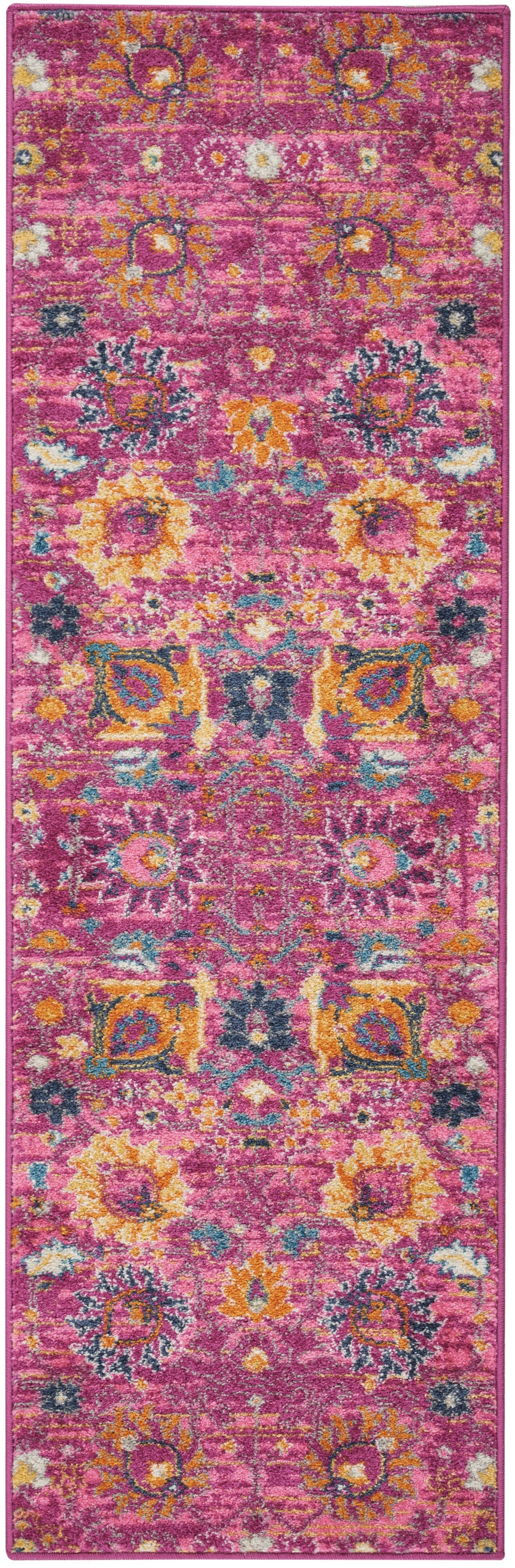 Magenta floral runner rug with vintage-inspired damask motifs in yellow, orange, blue and white; rectangular hallway rug.