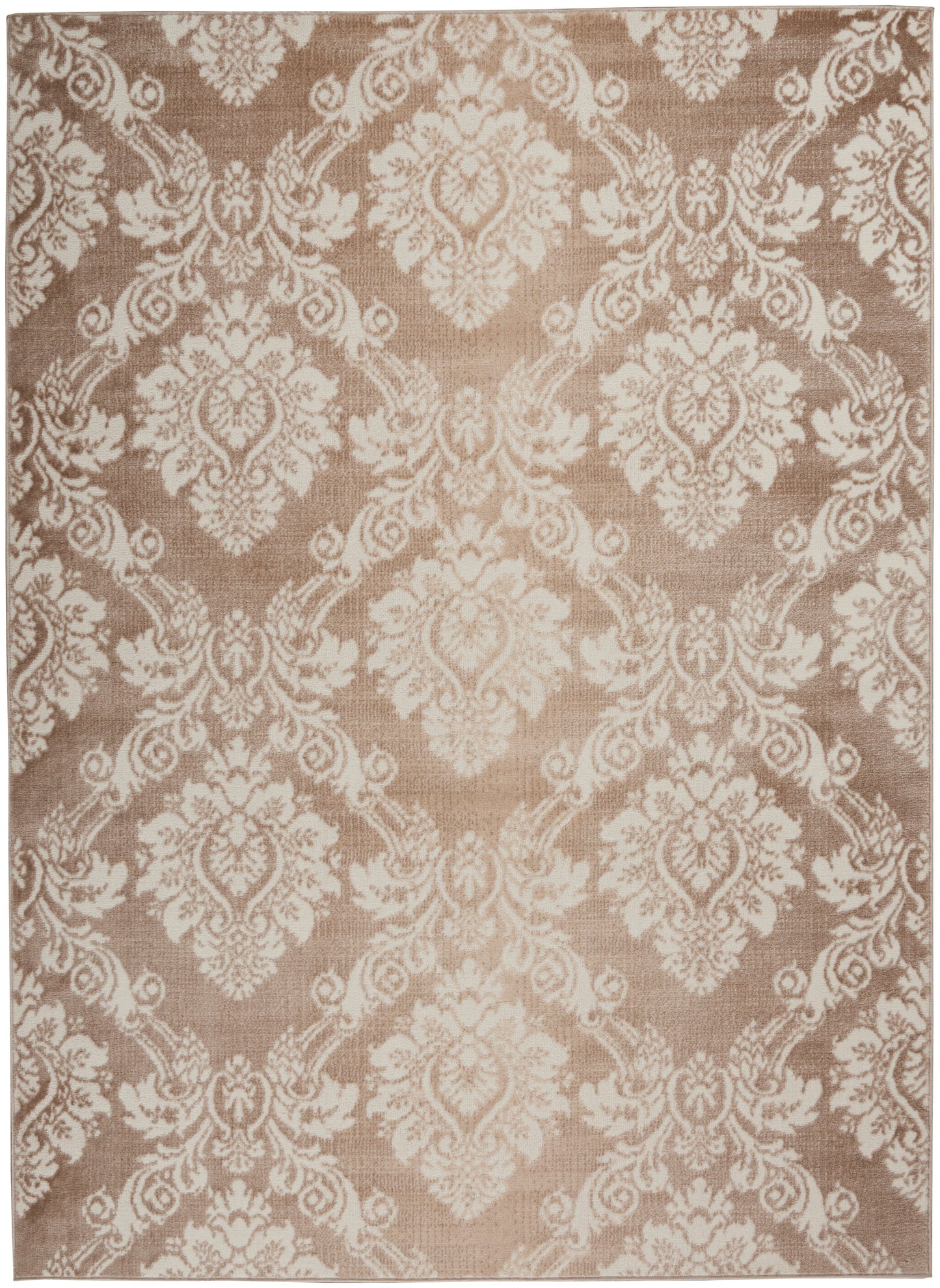 Rectangular beige area rug with cream damask floral pattern; classic ornate style, suitable for living room or bedroom.