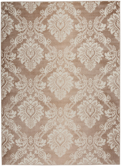 Rectangular beige area rug with cream damask floral pattern; classic ornate style, suitable for living room or bedroom.