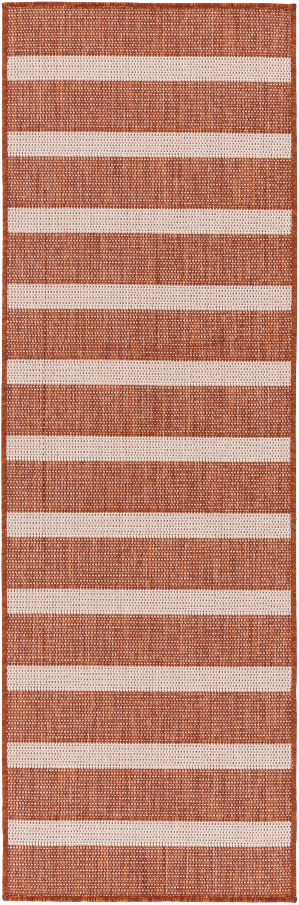 Orange and cream striped woven runner rug with a textured weave and orange border.
