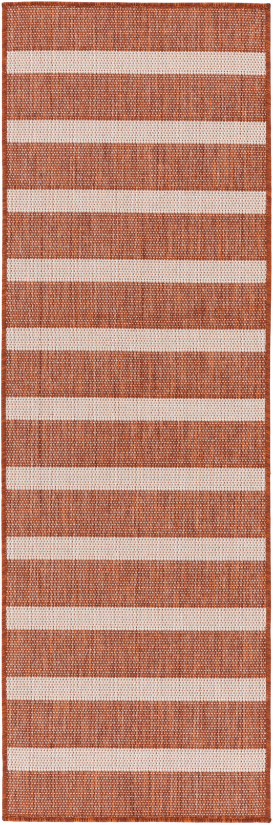Orange and cream striped woven runner rug with a textured weave and orange border.