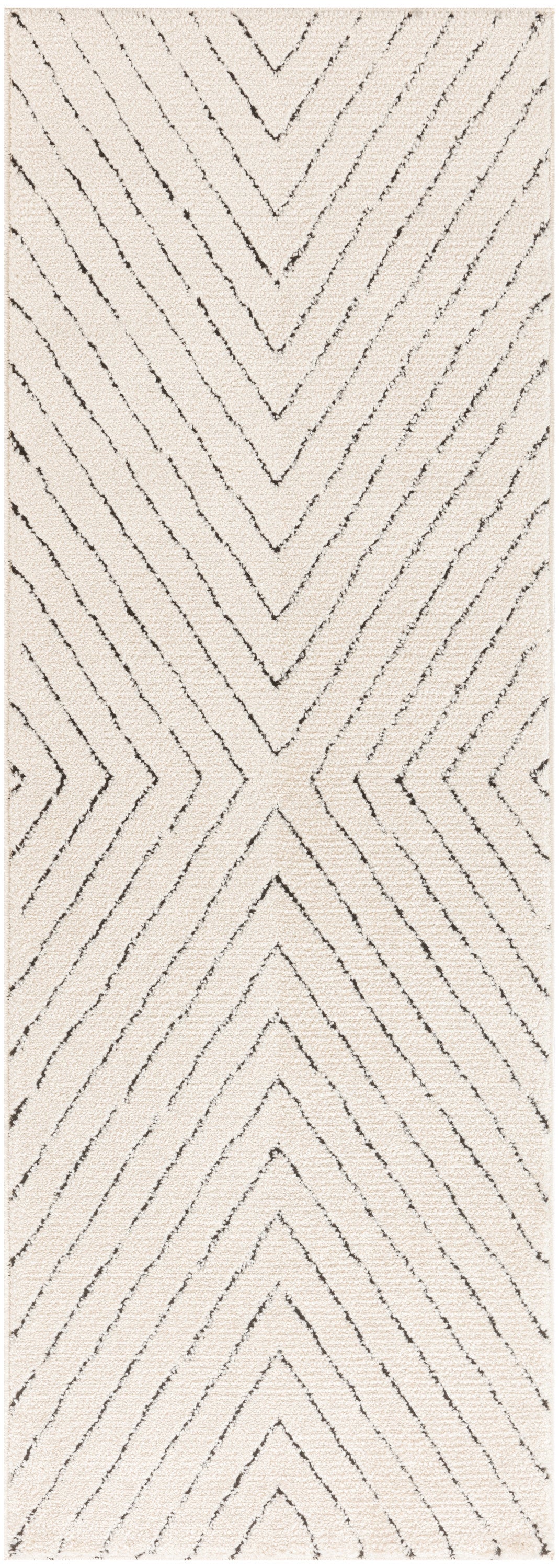 Rectangular beige shag rug with dark charcoal chevron lines for a bold zigzag pattern.