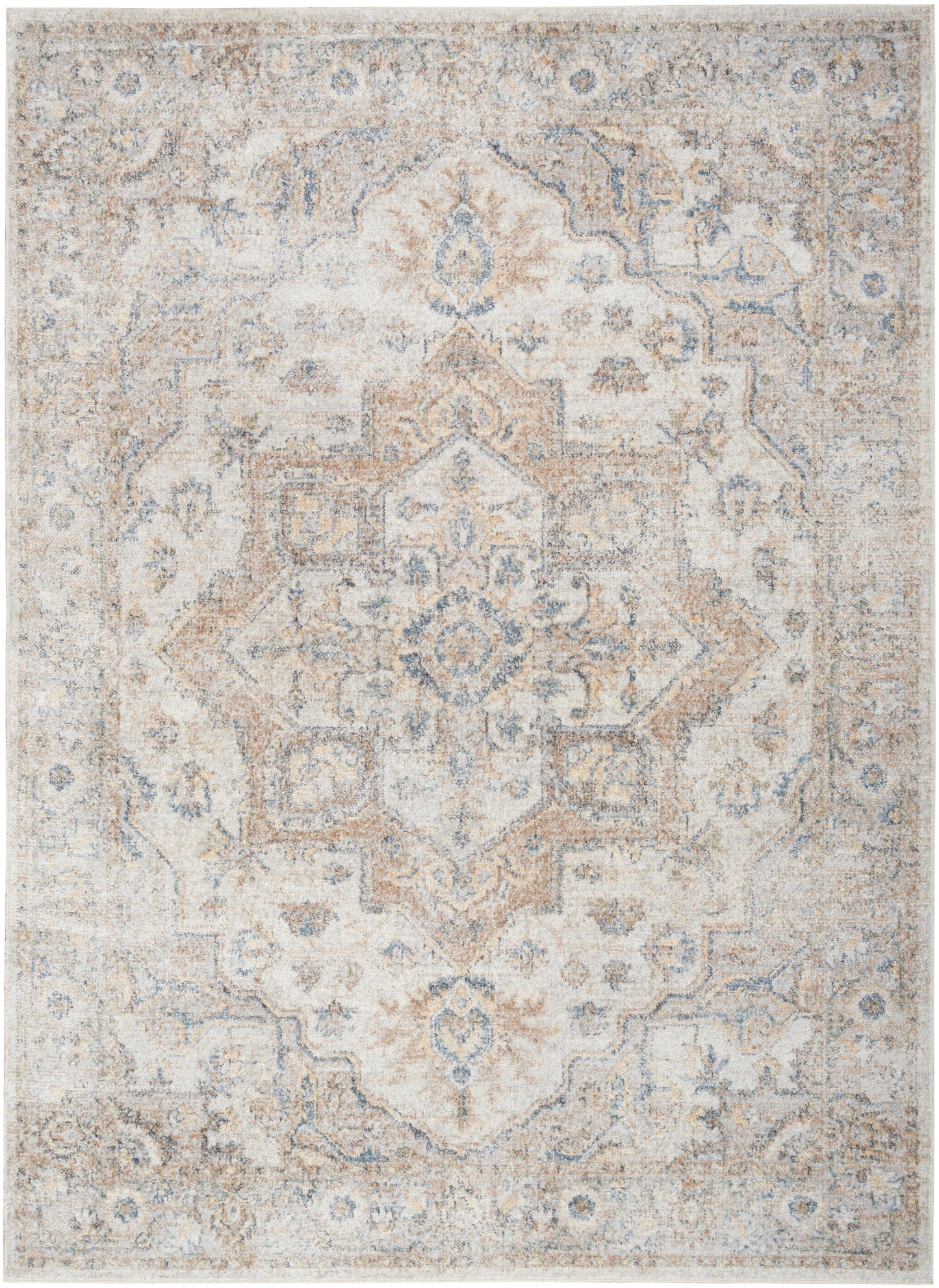 Rectangular distressed oriental area rug in beige, ivory, and pale blue with a central medallion and floral border.