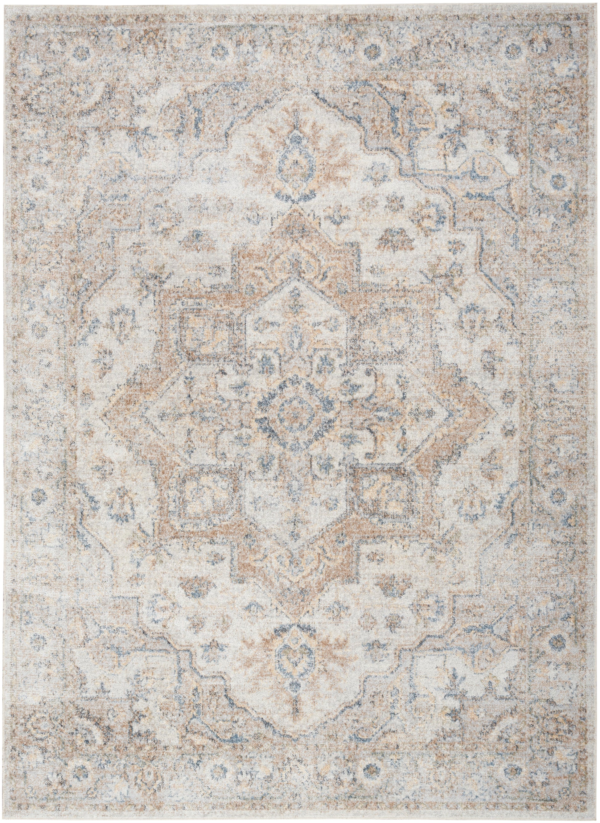 Rectangular distressed oriental area rug in beige, ivory, and pale blue with a central medallion and floral border.