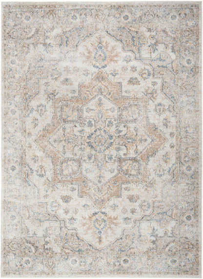 Rectangular distressed oriental area rug in beige, ivory, and pale blue with a central medallion and floral border.