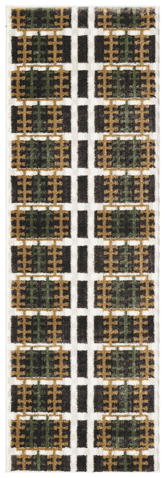 Long geometric runner rug with repeating black blocks, gold lattice frames, green centers on a cream background.