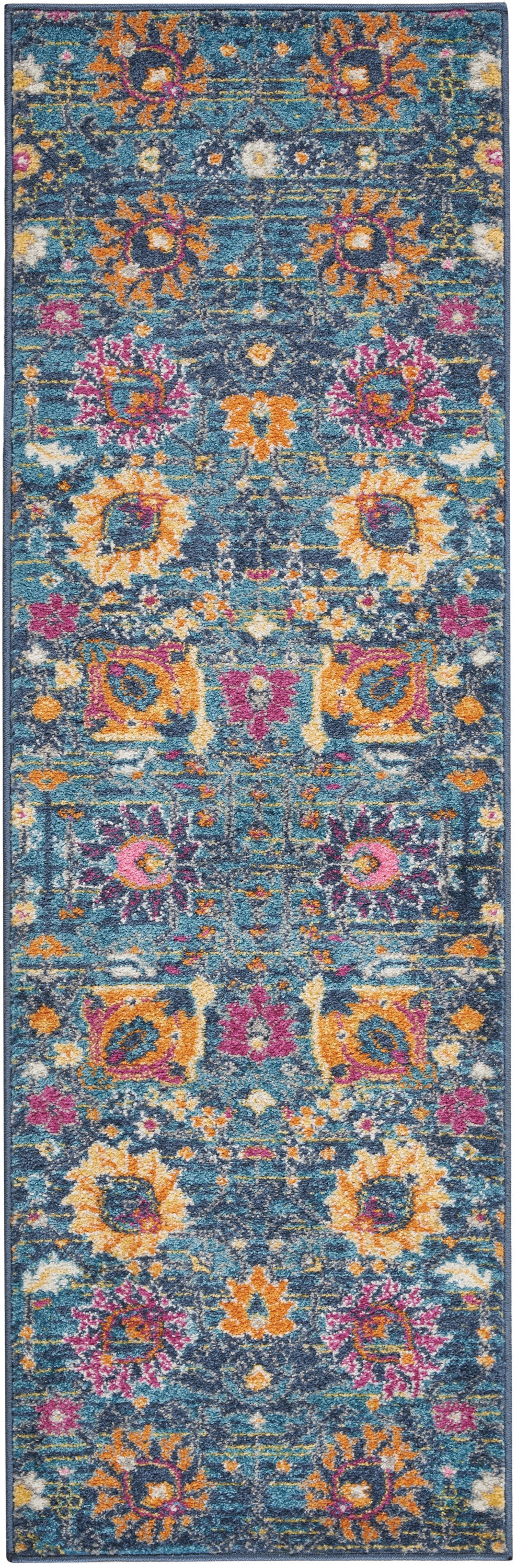 Teal-blue Persian-style runner rug with bright orange, pink and yellow floral motifs; dense low-pile decor for hallways.
