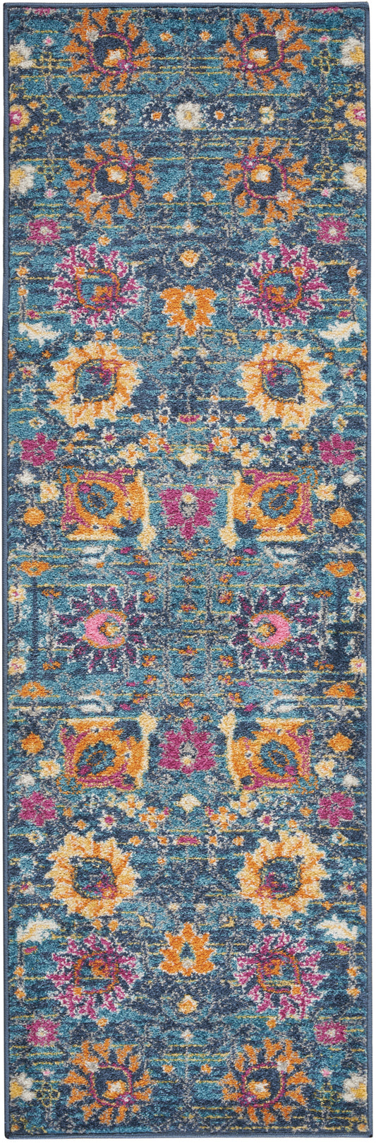 Teal-blue Persian-style runner rug with bright orange, pink and yellow floral motifs; dense low-pile decor for hallways.