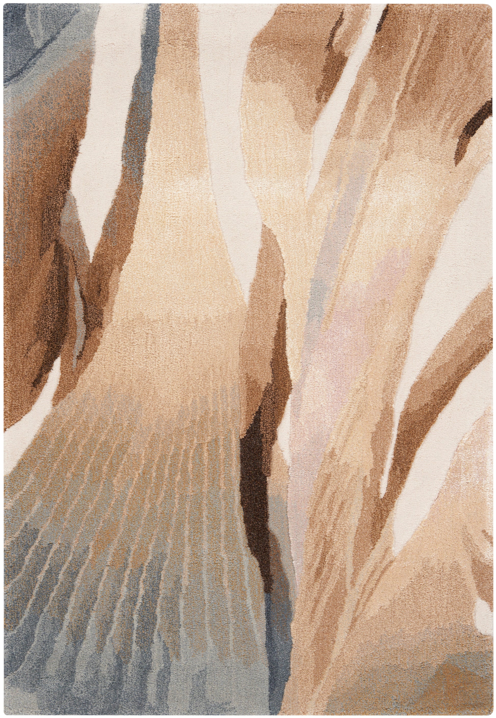 Abstract earth-tone rug with beige, tan, brown & gray vertical panels, textured surface.
