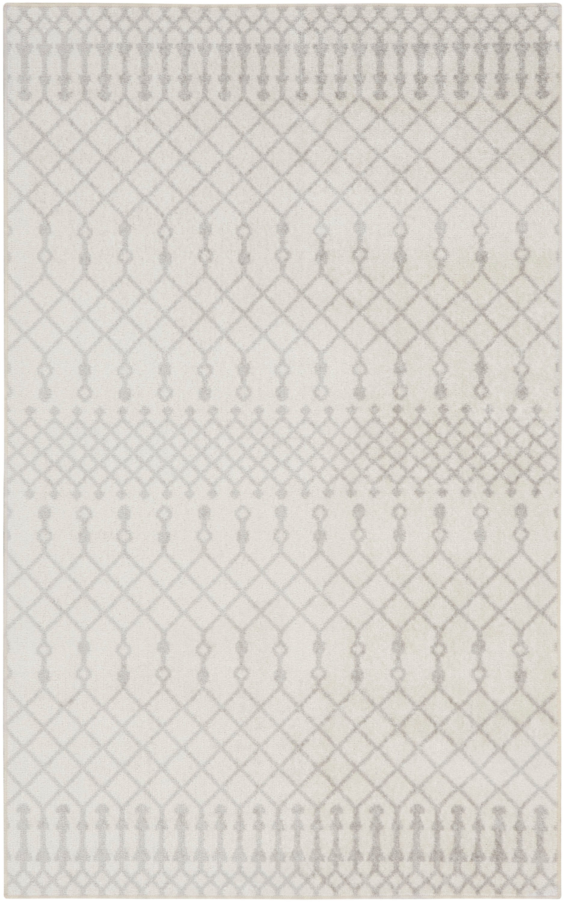 Rectangular neutral beige-gray woven rug with pale geometric lattice pattern.