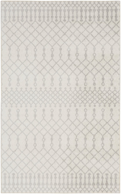 Rectangular neutral beige-gray woven rug with pale geometric lattice pattern.