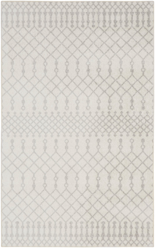 Rectangular neutral beige-gray woven rug with pale geometric lattice pattern.