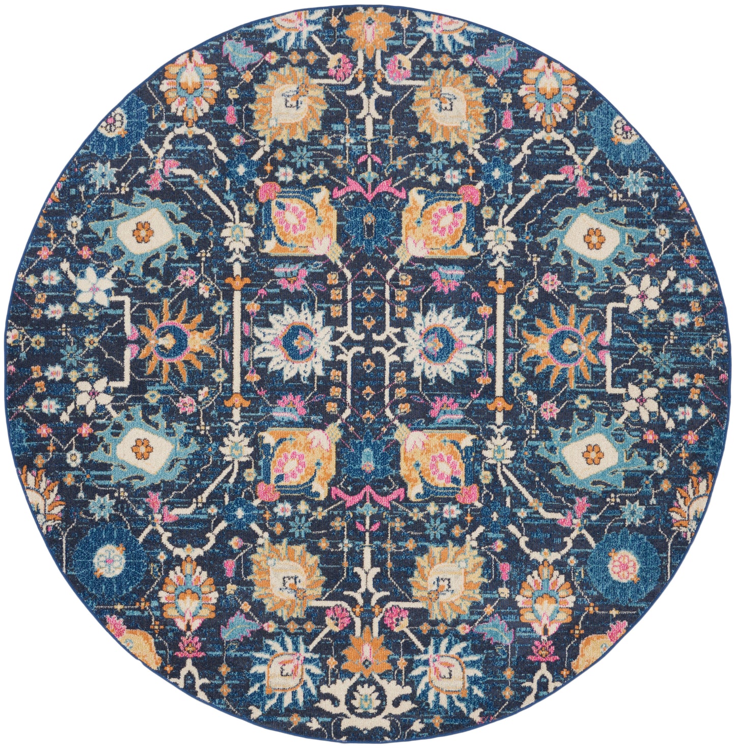 Round blue oriental rug with an intricate multicolor floral pattern in yellow, teal, pink and ivory.