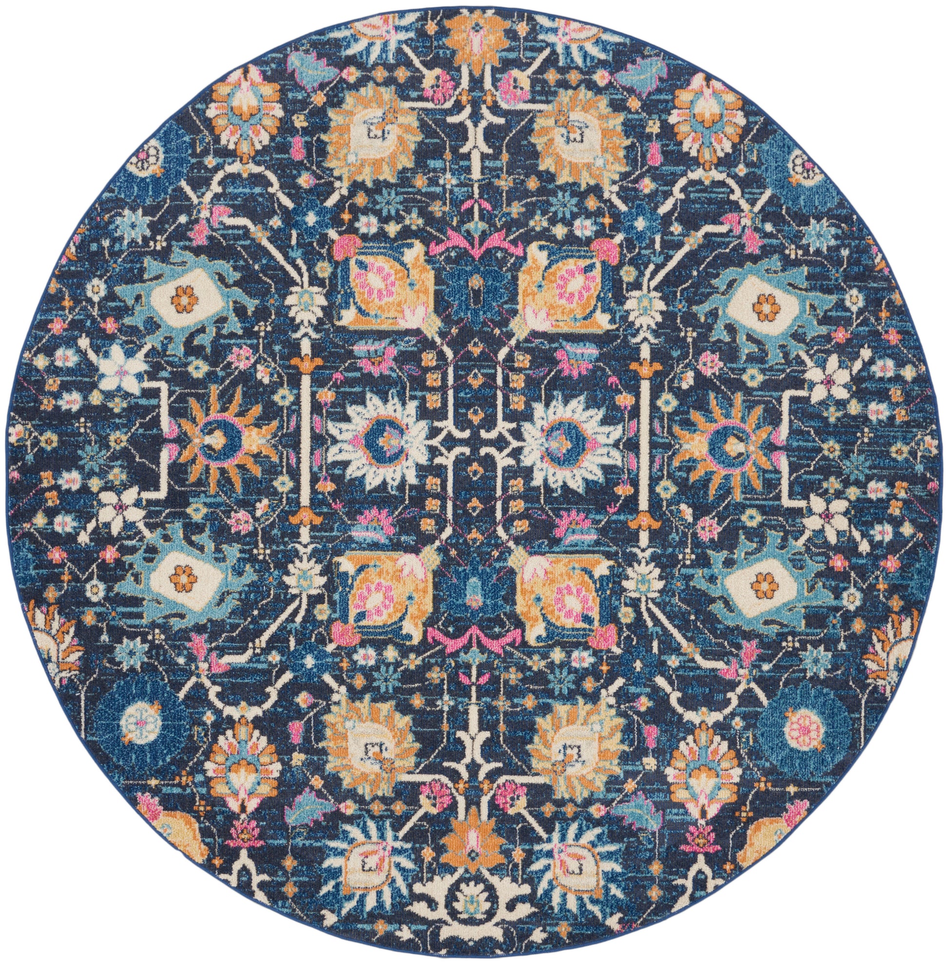 Round blue oriental rug with an intricate multicolor floral pattern in yellow, teal, pink and ivory.