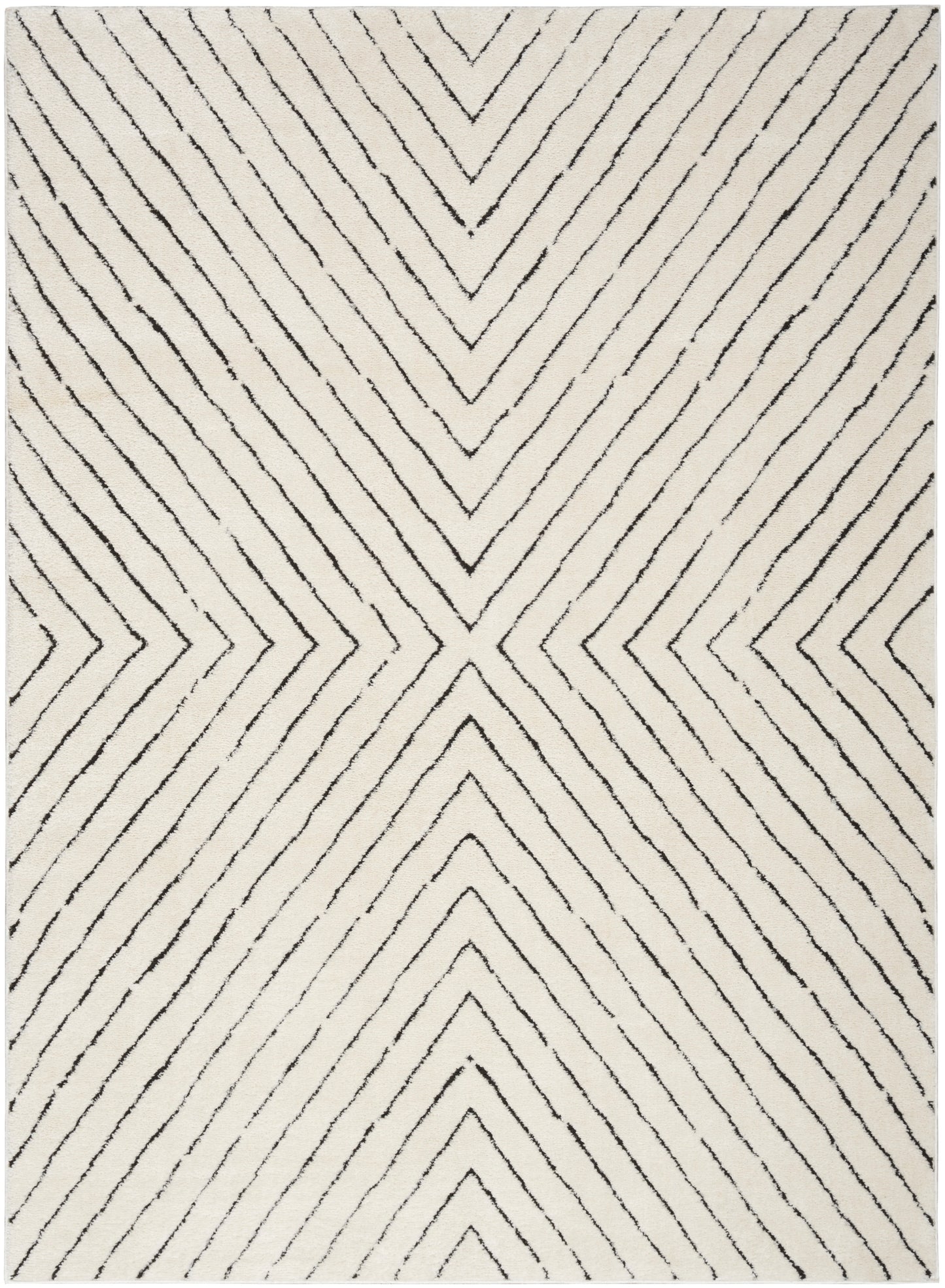 Cream woven rug with black chevron lines forming a bold diamond pattern; modern minimalist style.