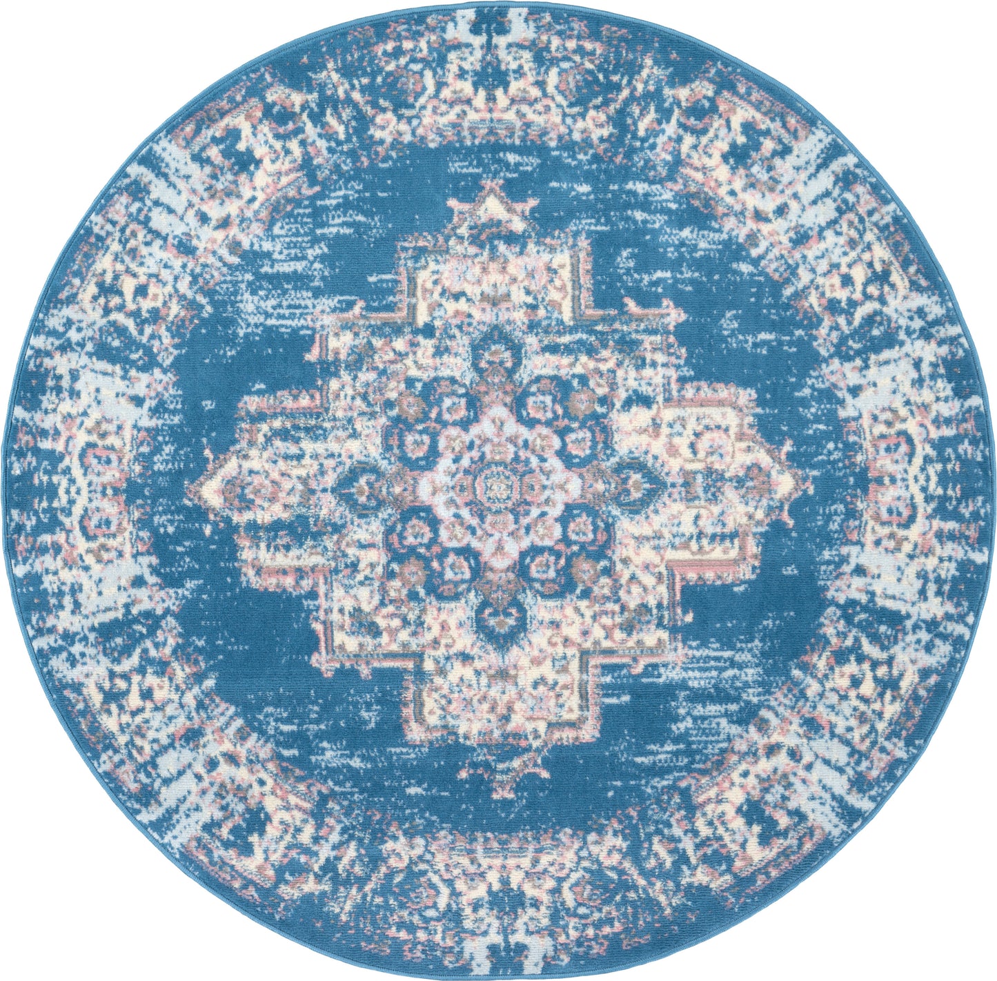 Round blue distressed rug with cream central medallion and ornate border.