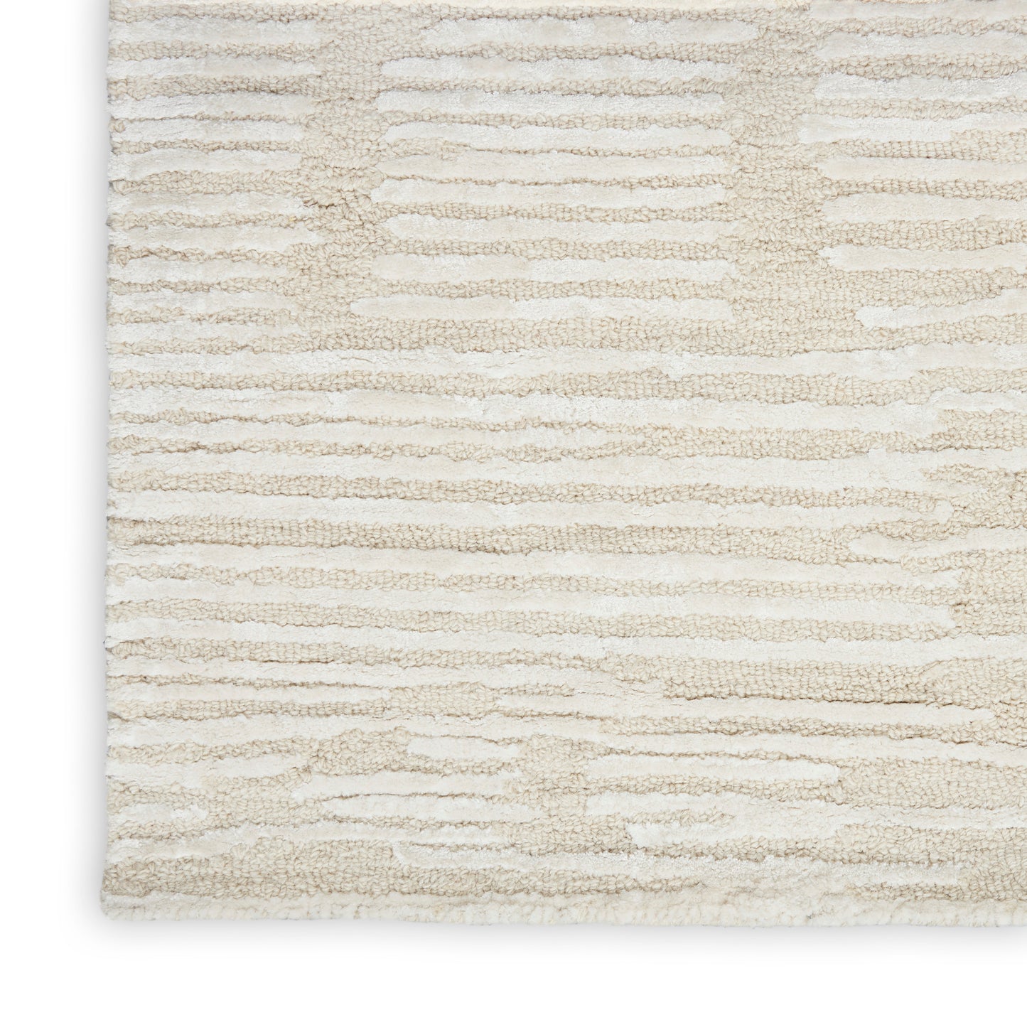 Beige and cream striped rug with soft textured pile and horizontal bands.