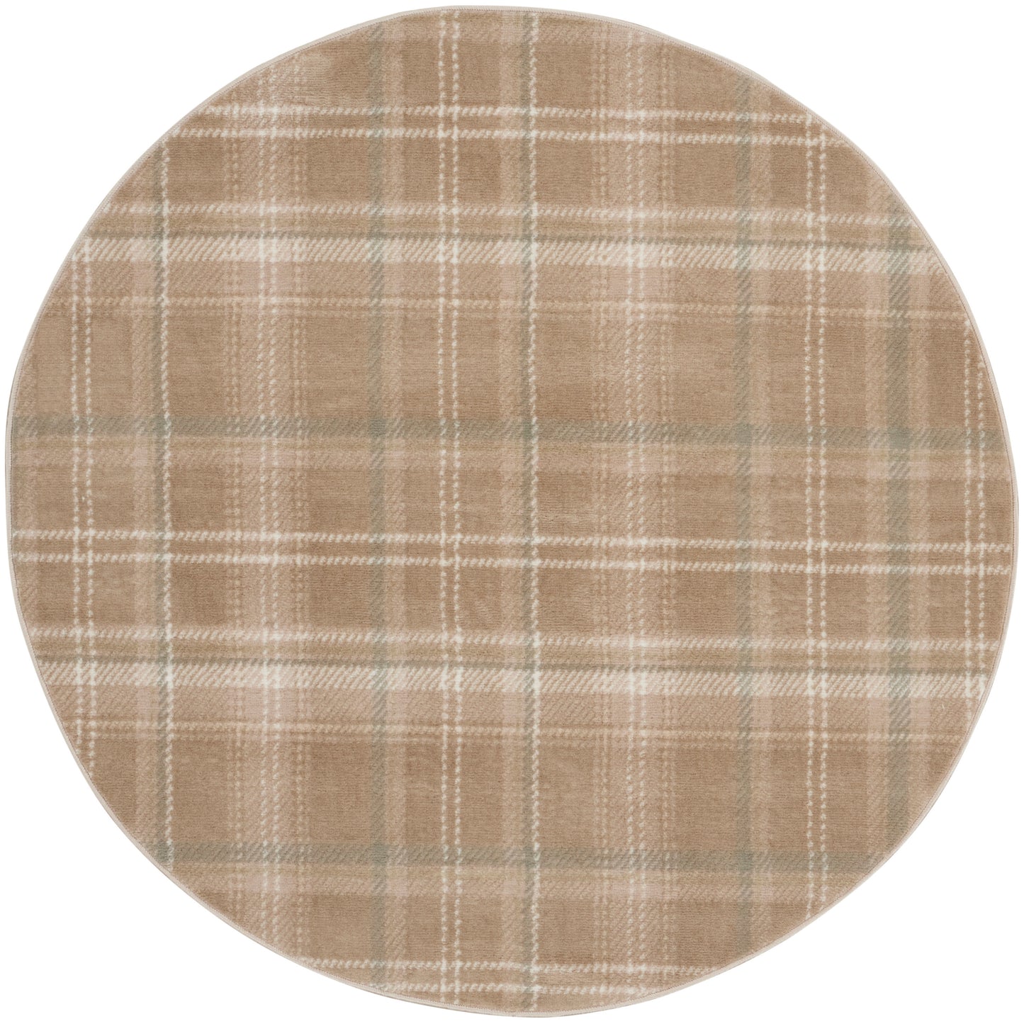 Round beige plaid rug with cream grid lines, 5' diameter.