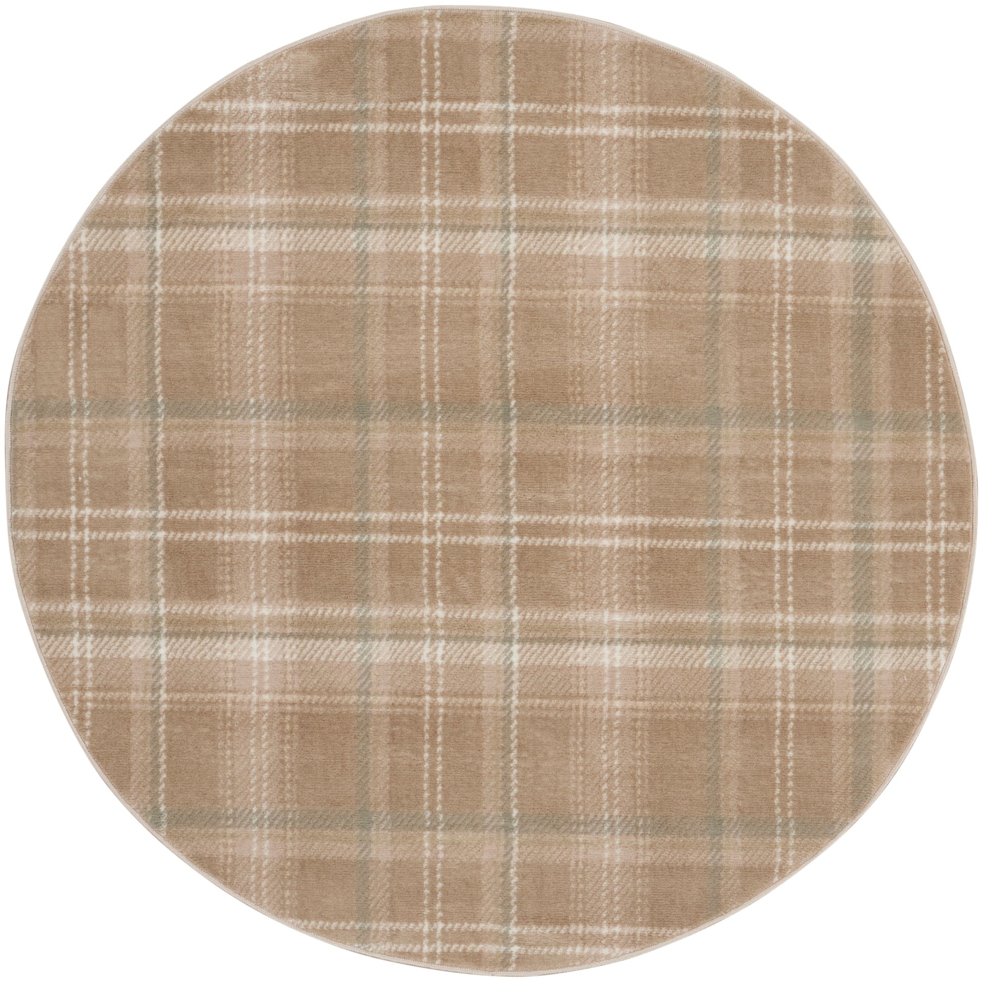 Round beige plaid rug with cream grid lines, 5' diameter.